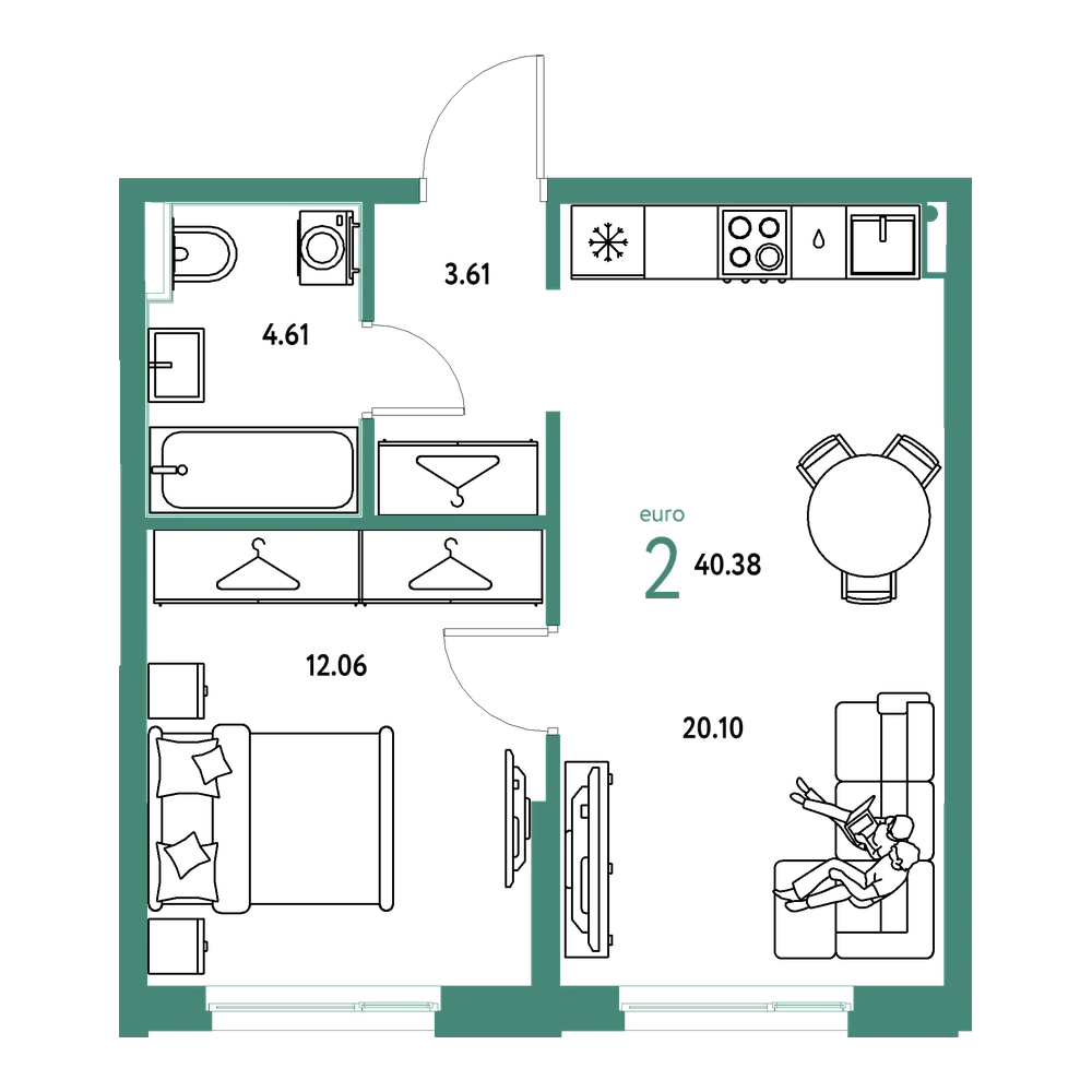 Планировка: Евродвушка 40,38 м²