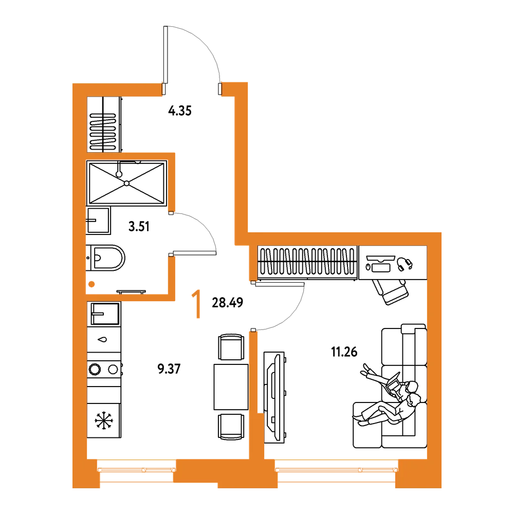 Планировка: 1-комнатная 28,49 м²