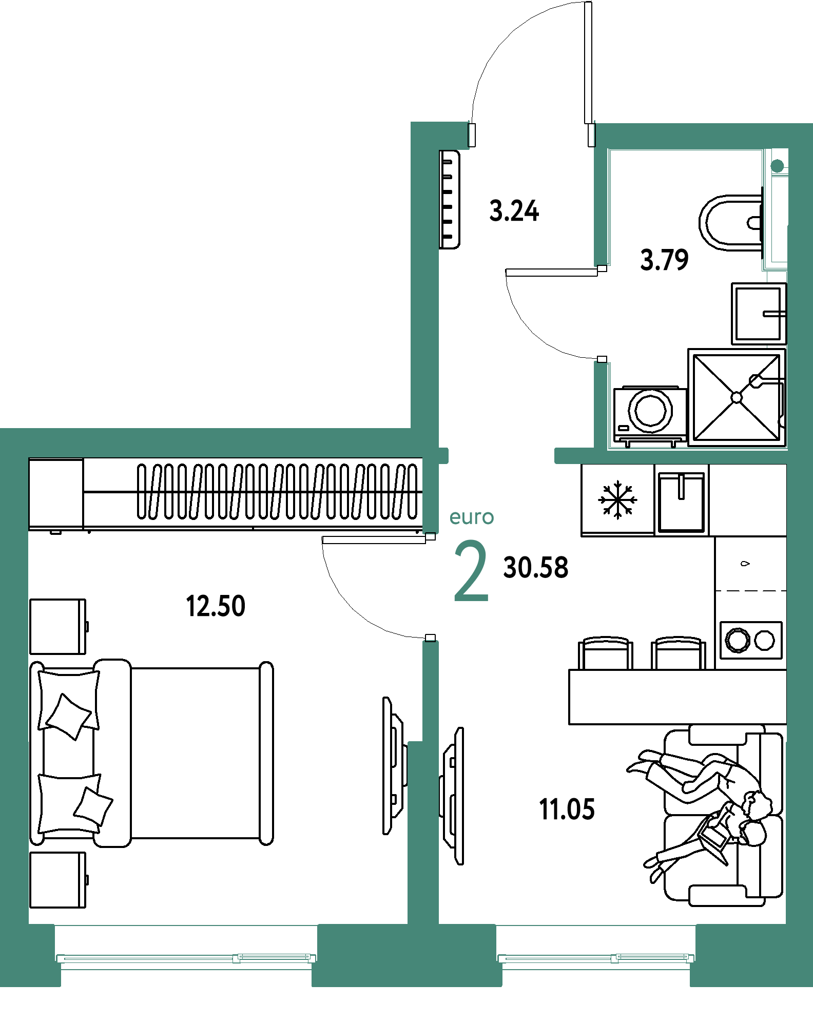 Планировка: Евродвушка 30,58 м² в ЖК «Остров-сад»