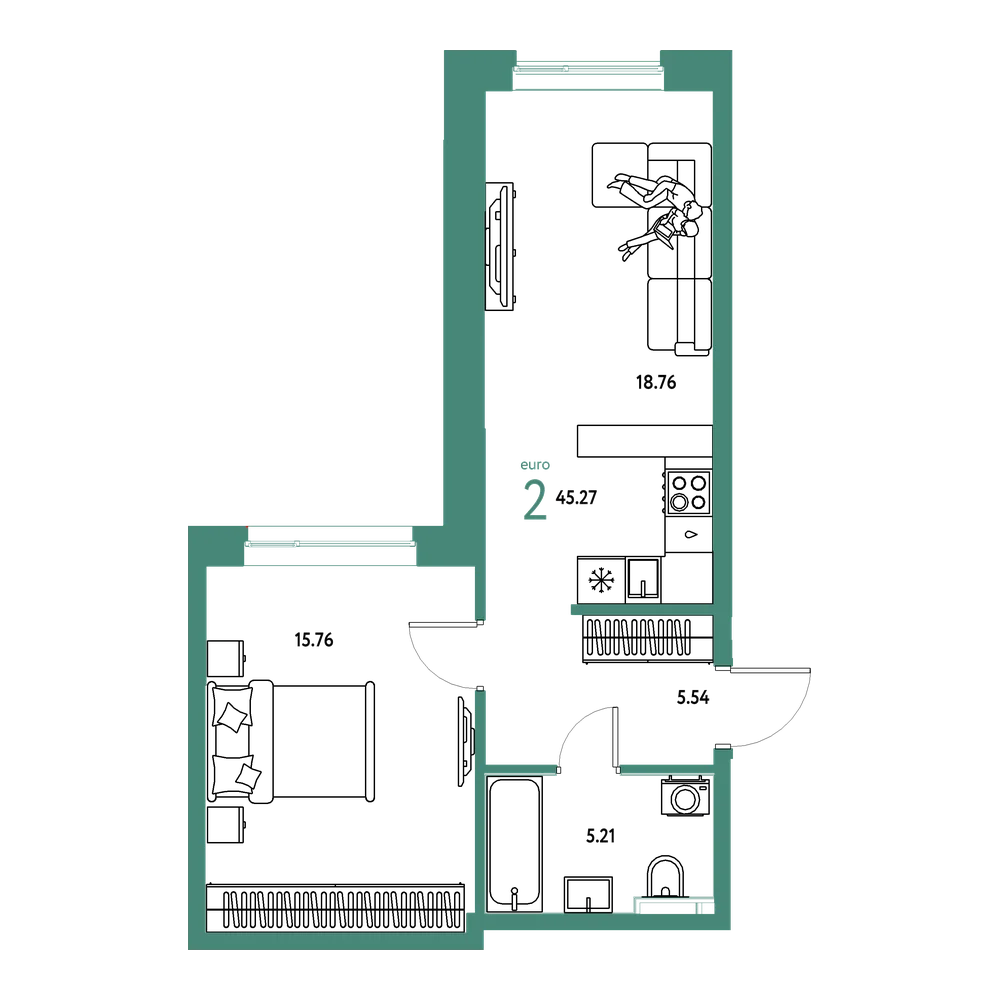 Планировка: Евродвушка 45,27 м²