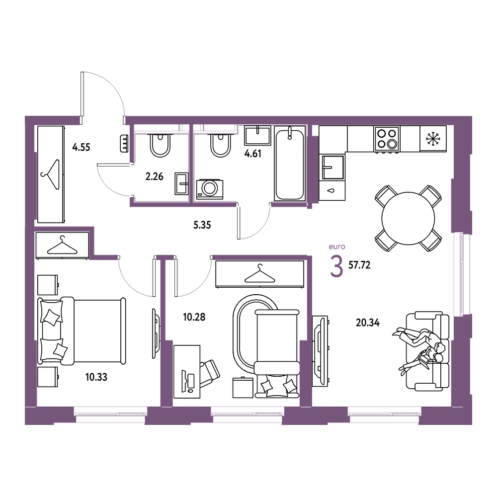 Планировка: Евротрёшка 57,72 м²