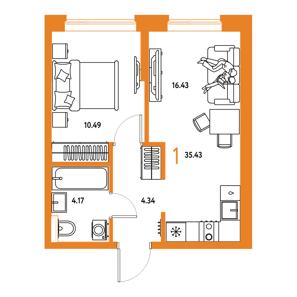 Планировка: 1-комнатная 35,43 м²