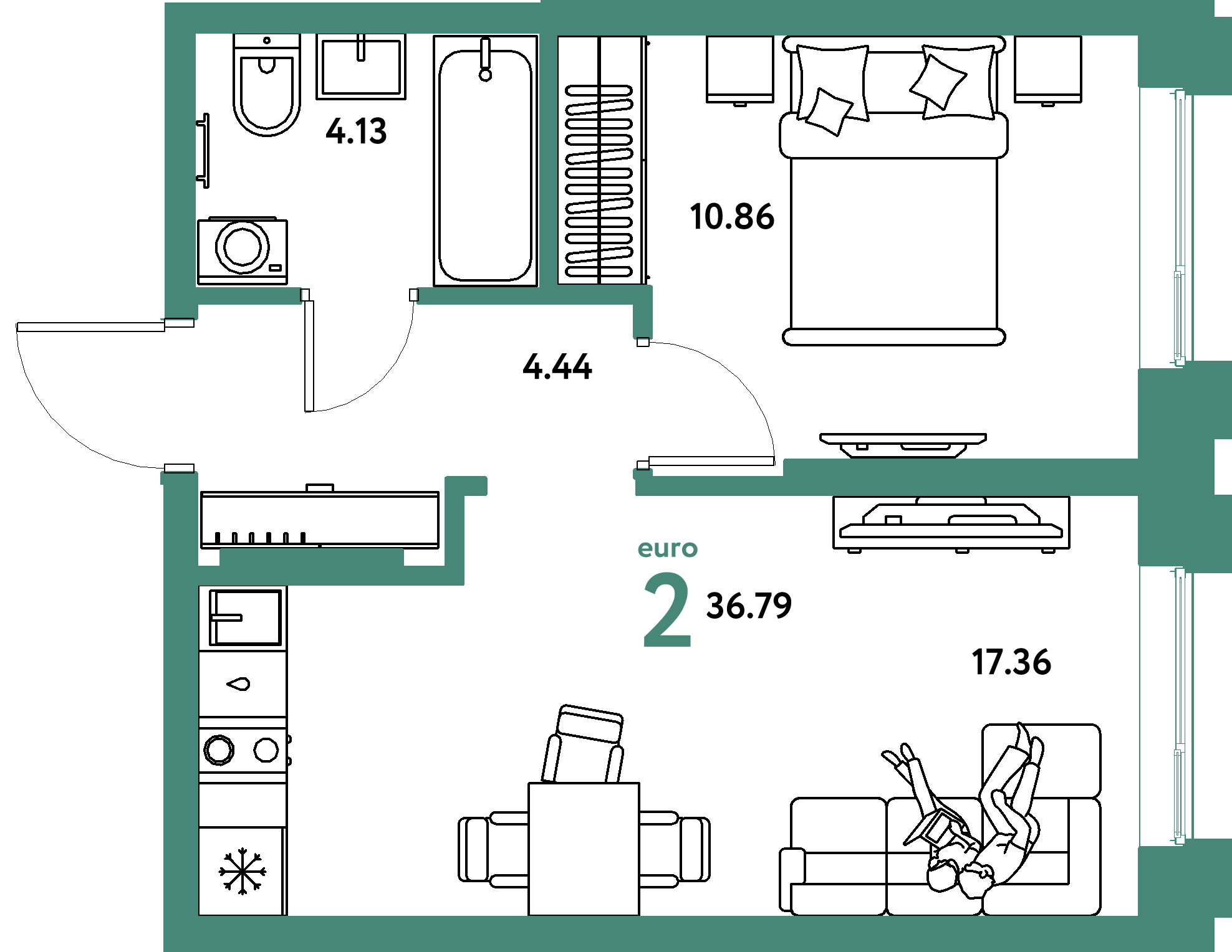 Планировка: Евродвушка 36,79 м² в ЖК «Европейский берег 2.0»
