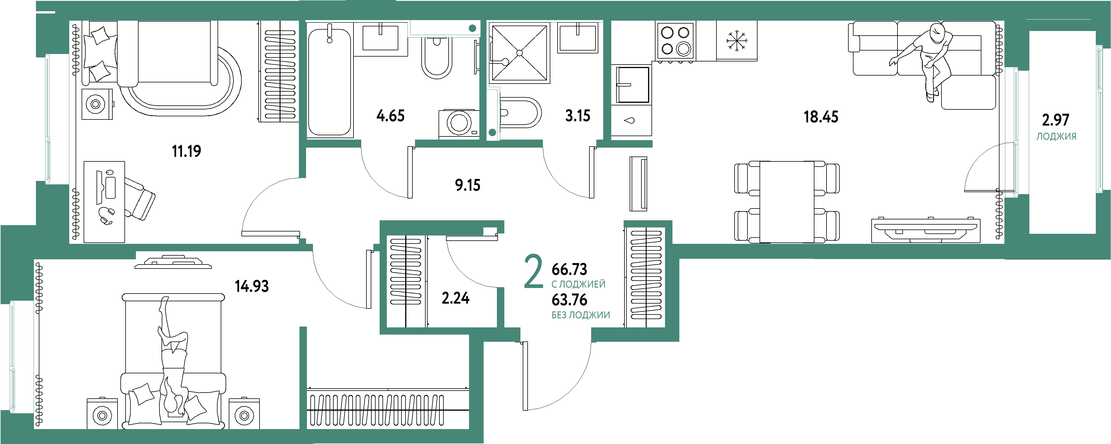 Планировка: 2-комнатная 66,73 м² в ЖК «Домашний»