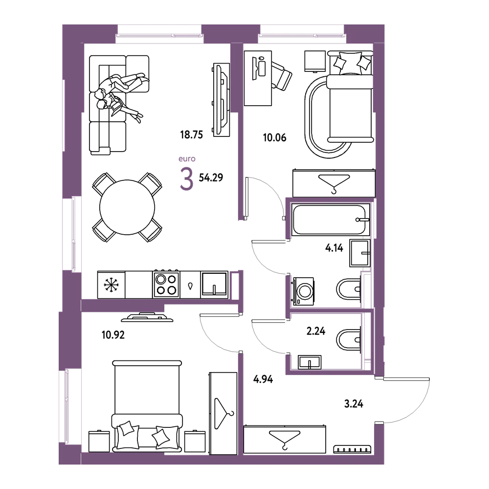 Планировка: Евротрёшка 54,31 м²
