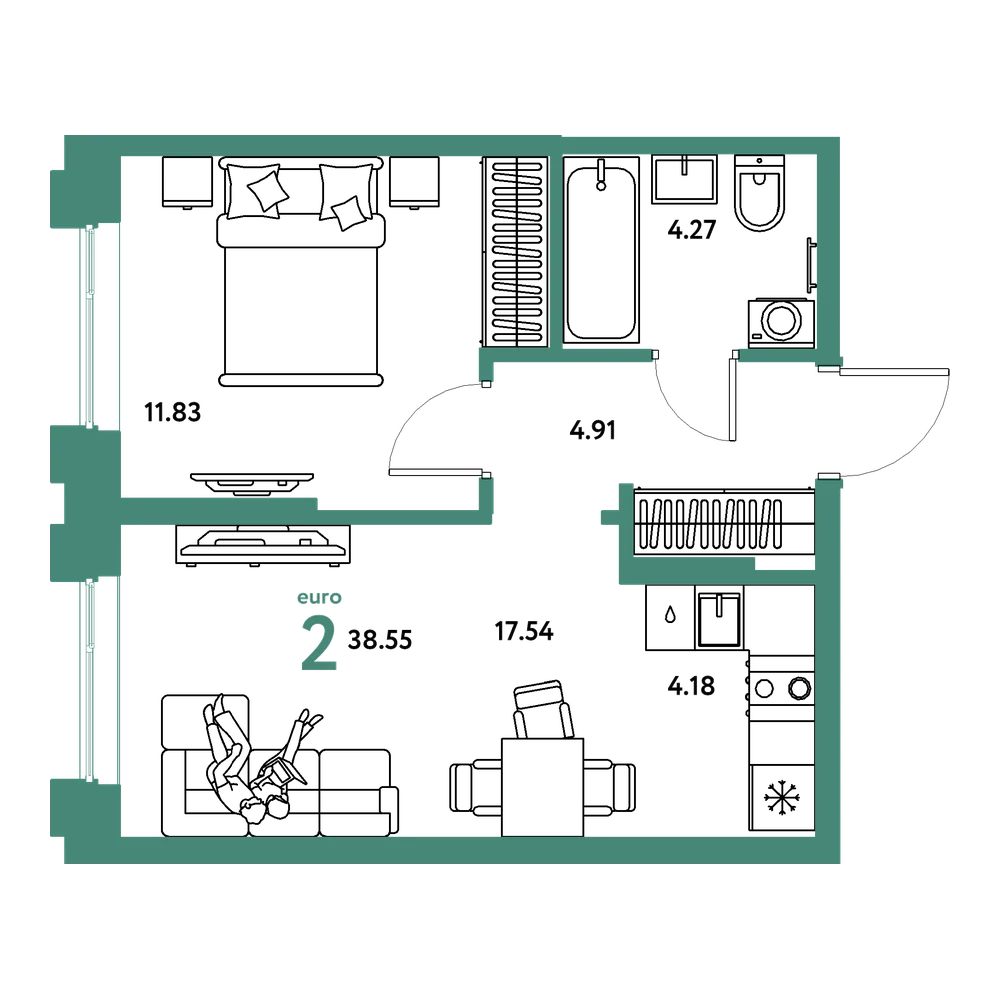 Планировка: Евродвушка 38,55 м²