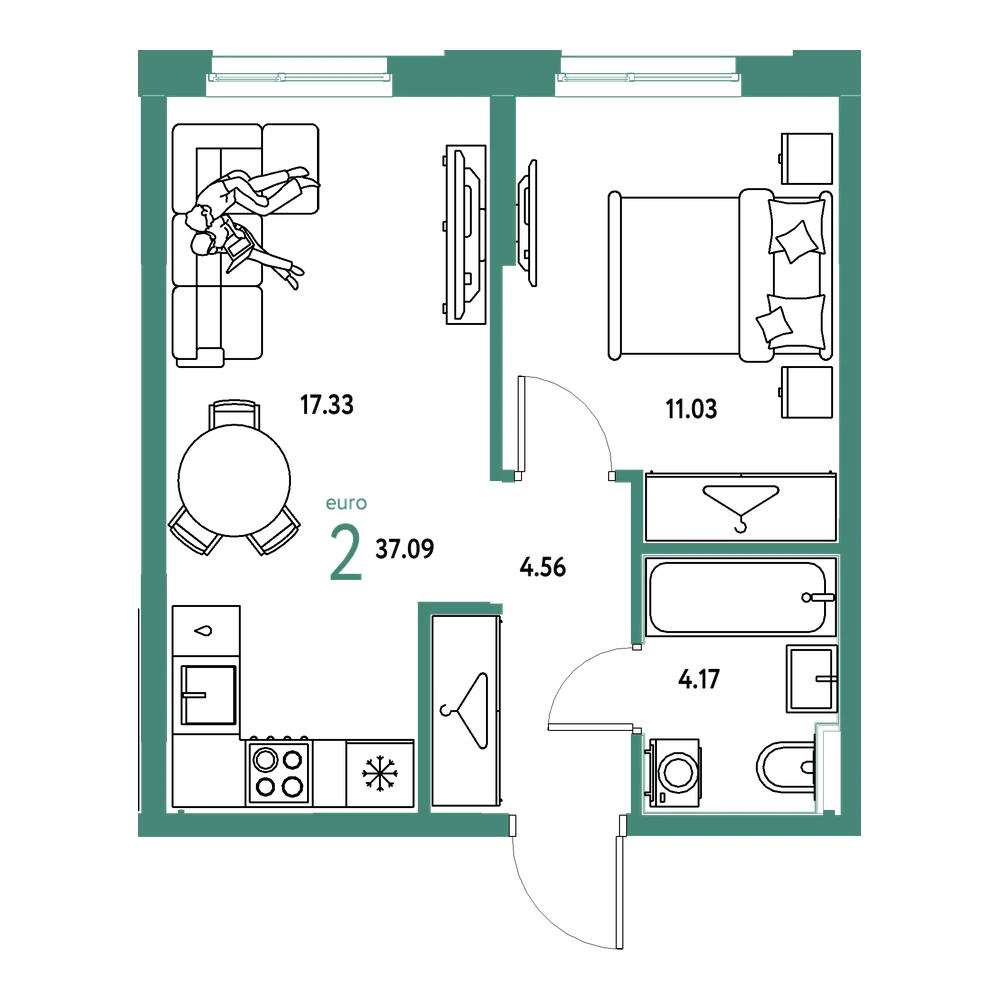 Планировка: Евродвушка 37,09 м²