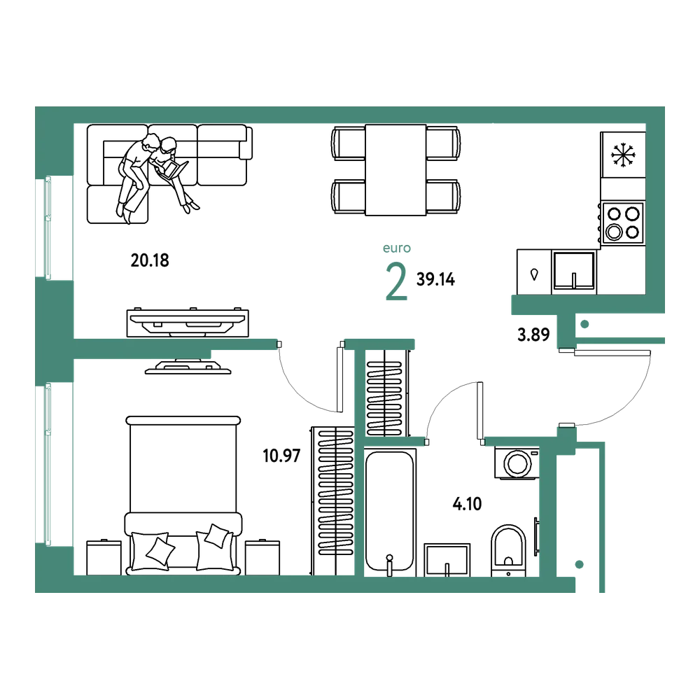 Планировка: Евродвушка 39,14 м²