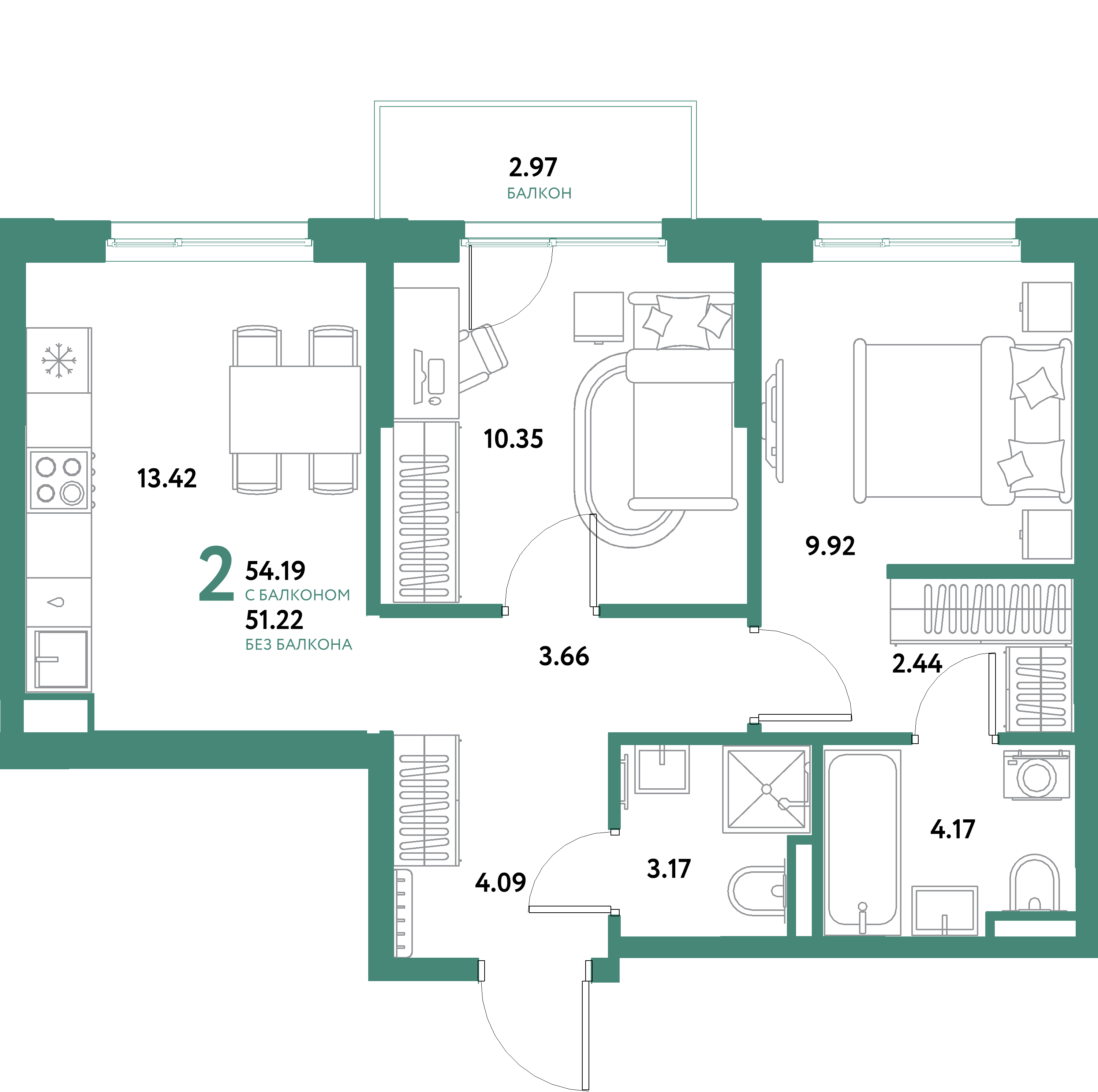 Планировка: 2-комнатная 54,19 м² в ЖК «Остров-сад»