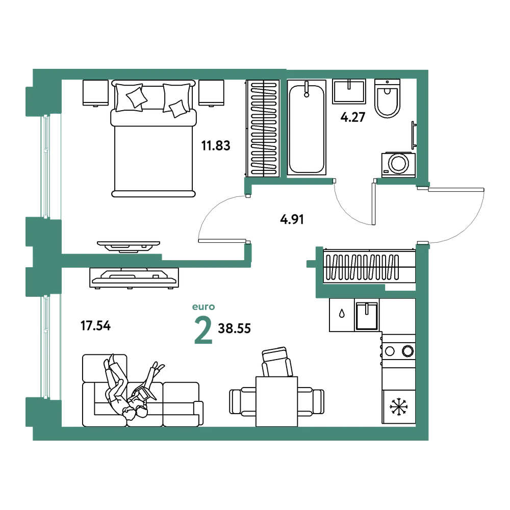 Планировка: Евродвушка 38,55 м²