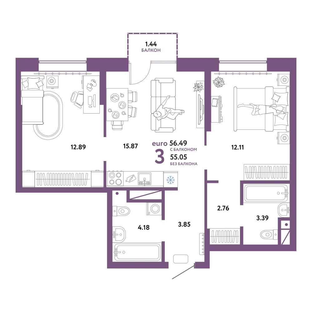 Планировка: Евротрёшка 56,49 м²
