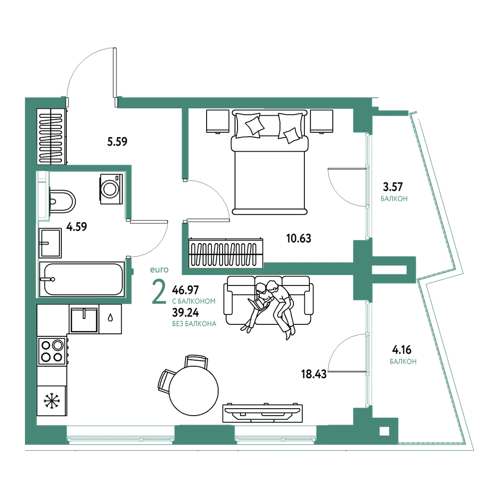 Планировка: Евродвушка 46,96 м²
