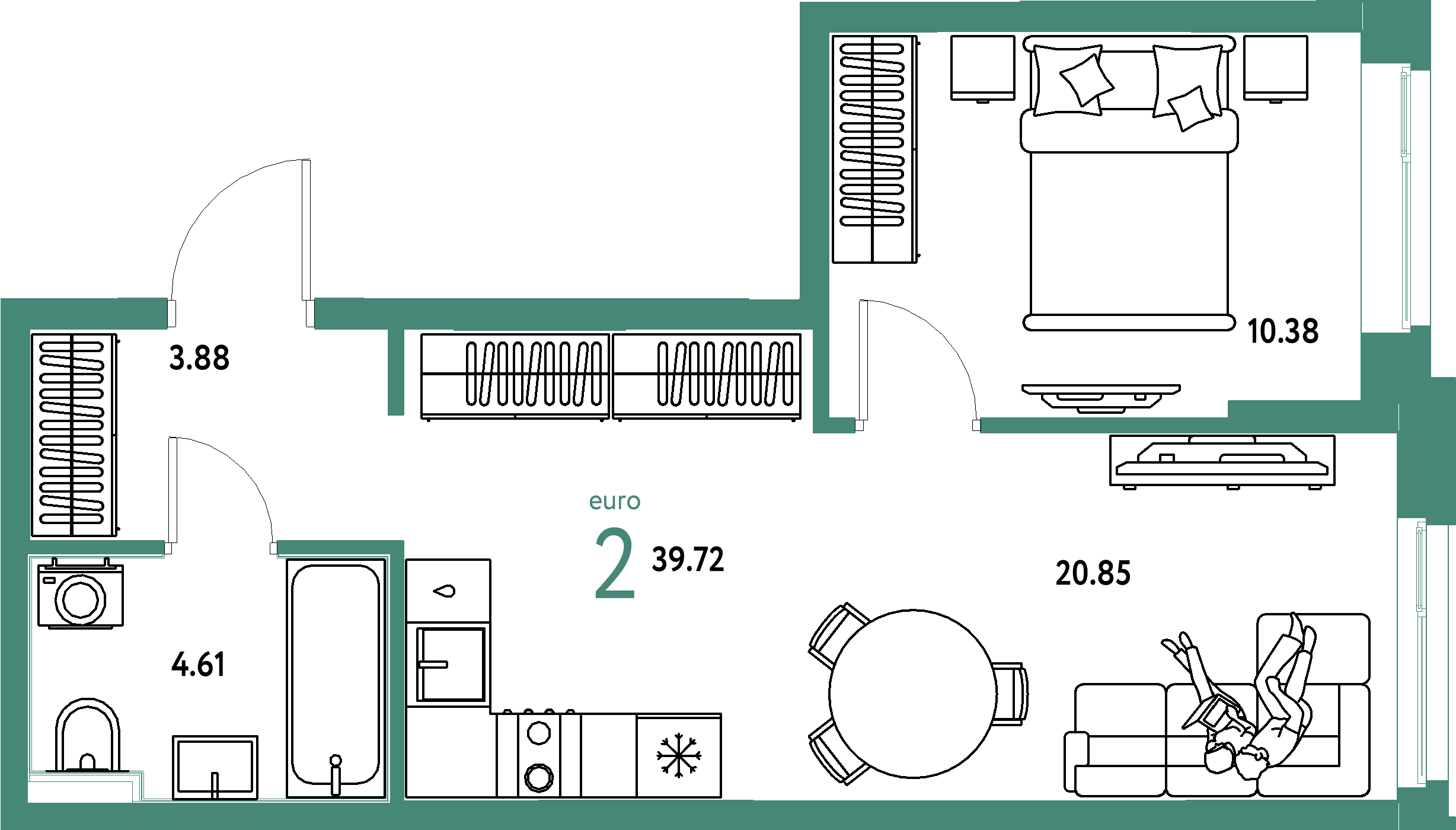 Планировка: Евродвушка 39,72 м² в ЖК «Домашний»