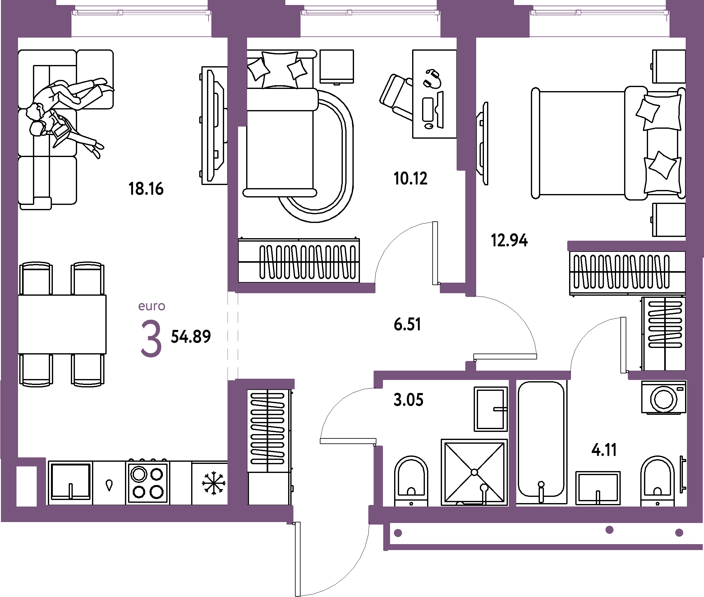 Планировка: Евротрёшка 54,89 м² в ЖК «Домашний»