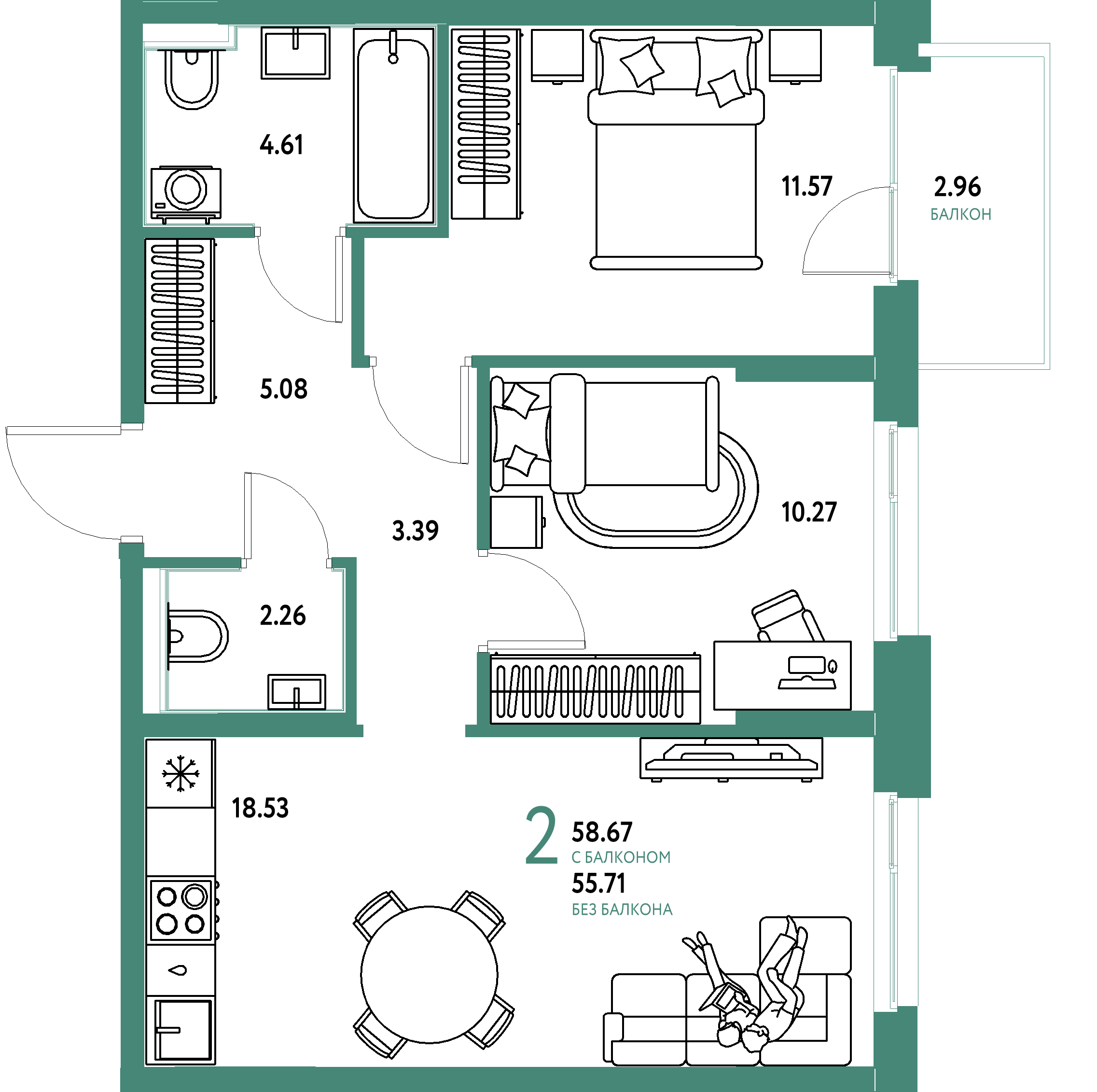 Планировка: 2-комнатная 58,39 м² в ЖК «Домашний»
