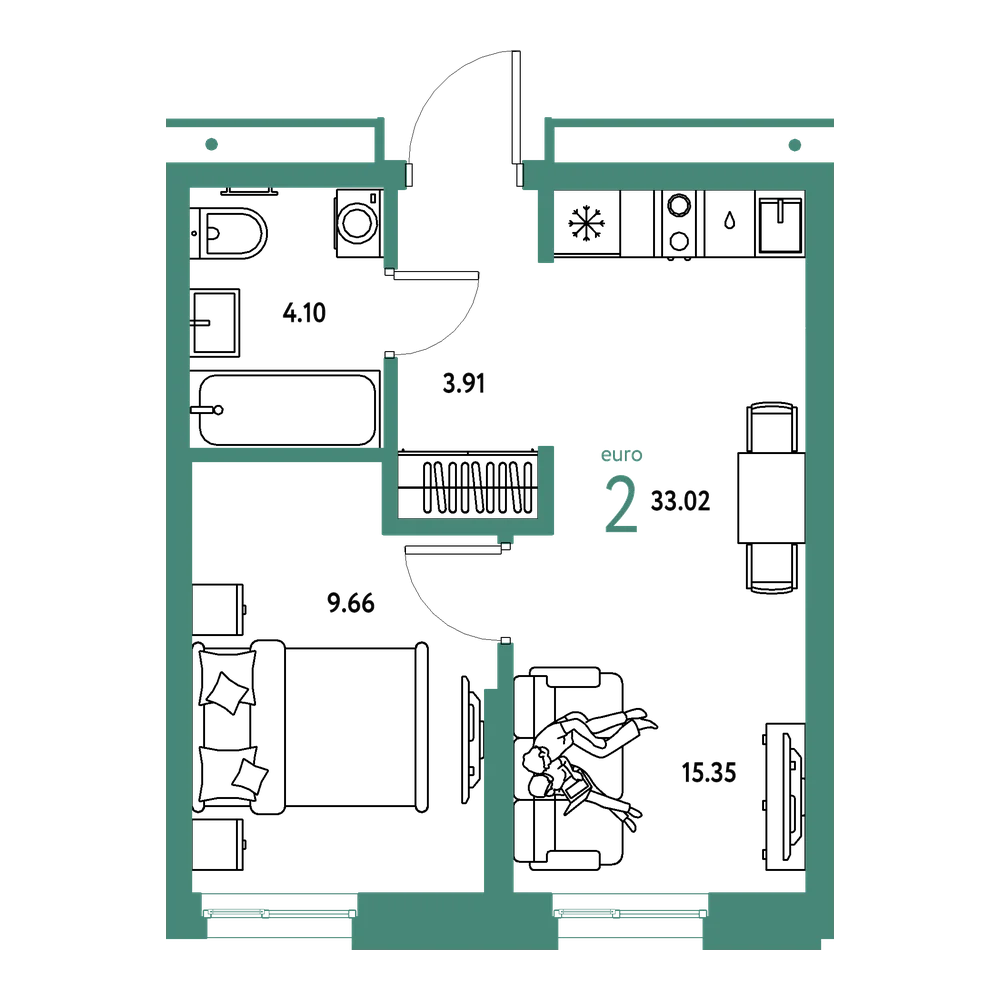 Планировка: Евродвушка 33,02 м²