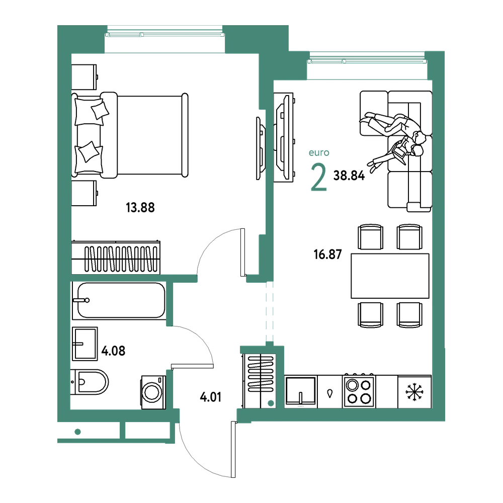 Планировка: Евродвушка 38,84 м²