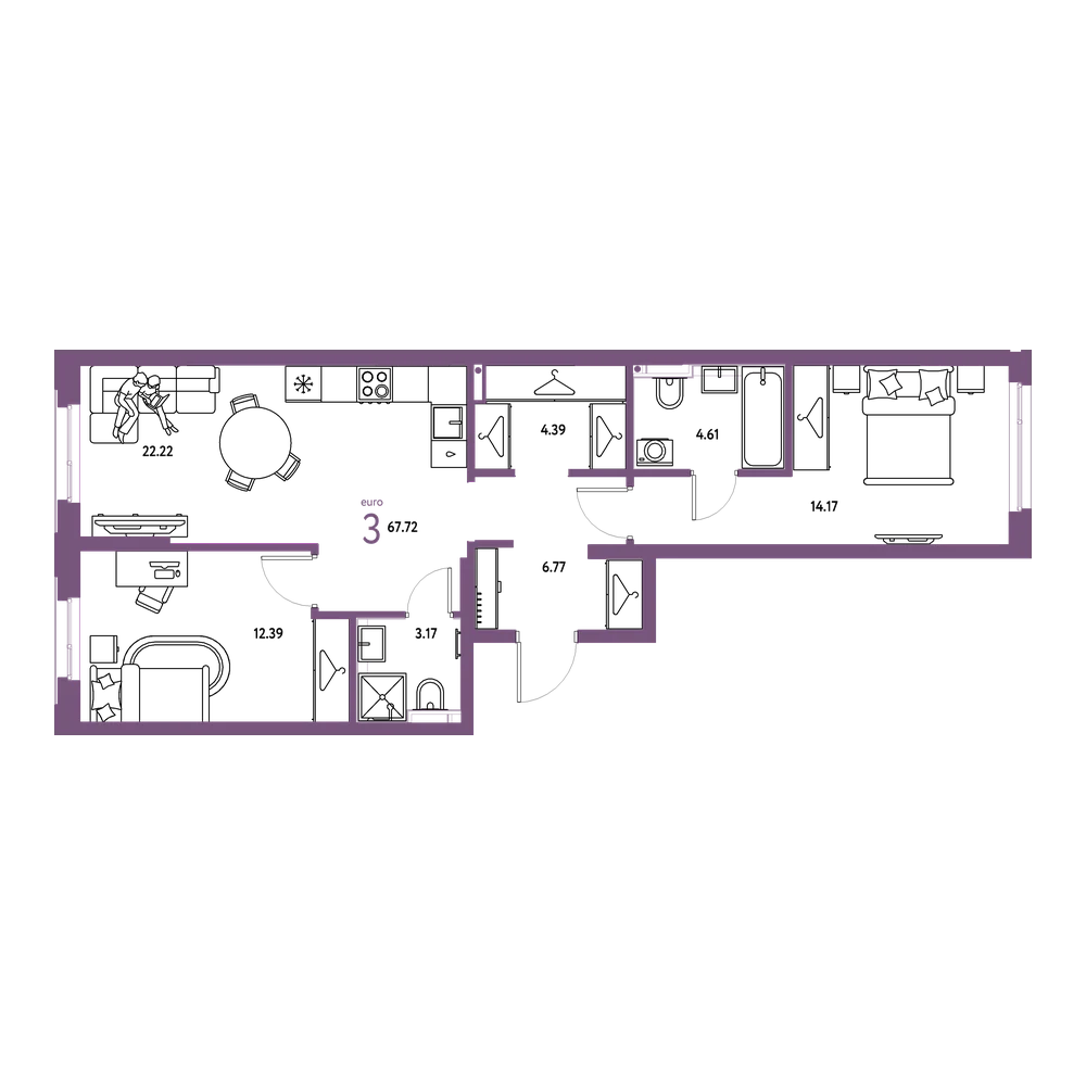 Планировка: Евротрёшка 67,72 м²