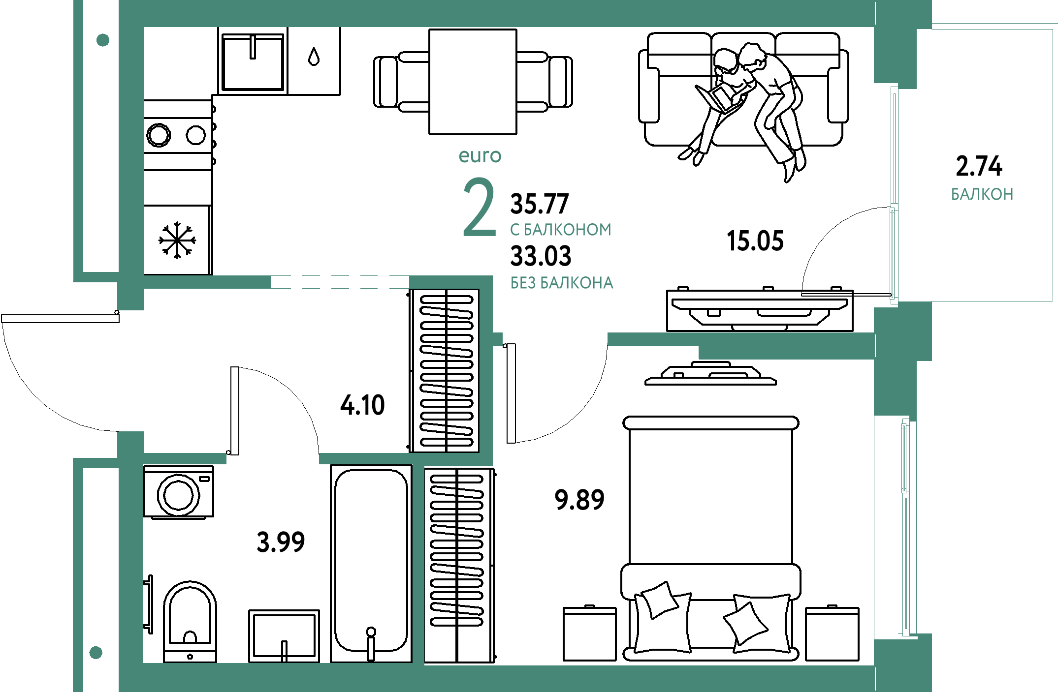 Планировка: Евродвушка 35,77 м² в ЖК «Домашний»