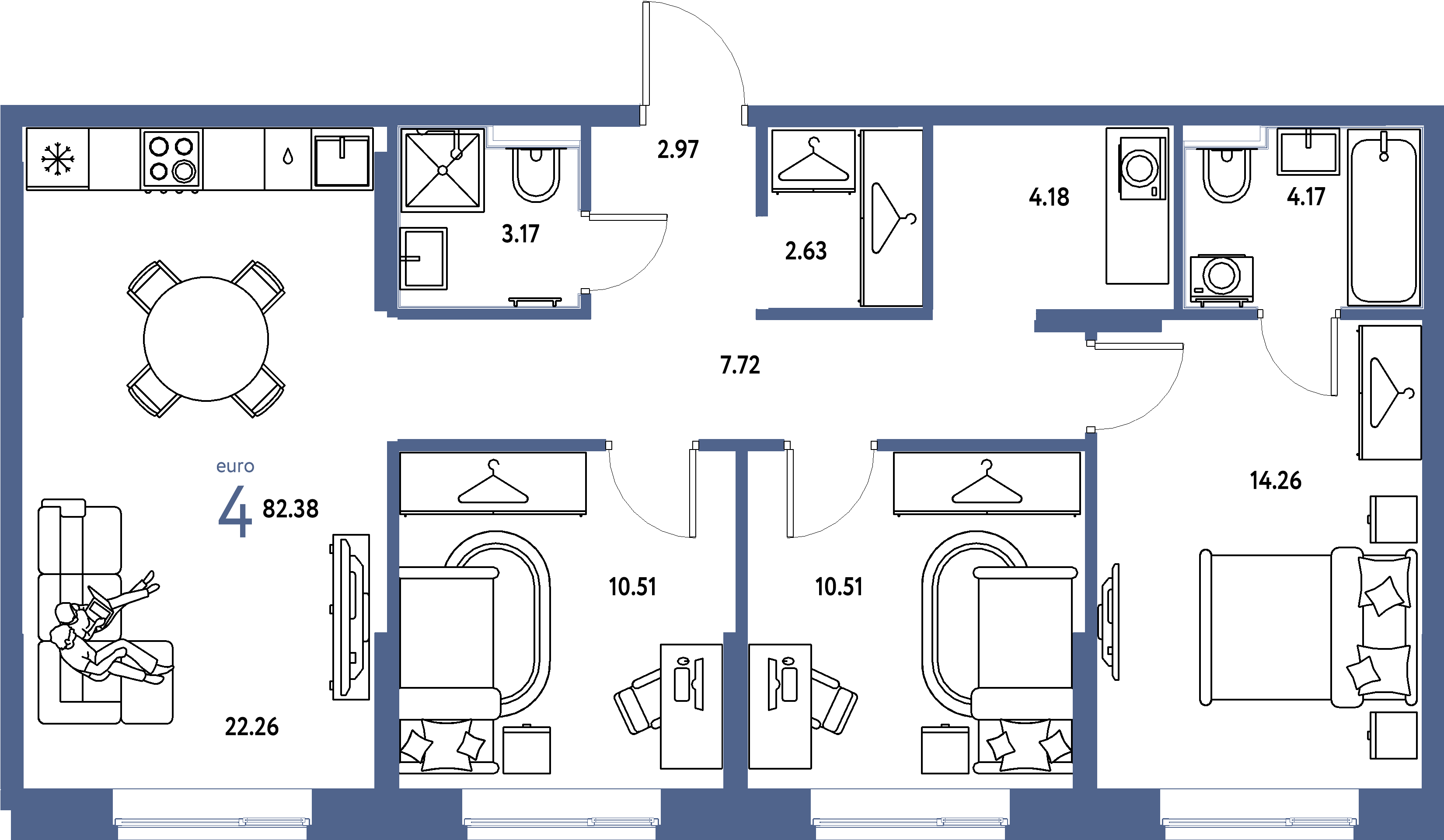 Планировка: Евро-4 82,38 м² в ЖК «Европейский берег 2.0»