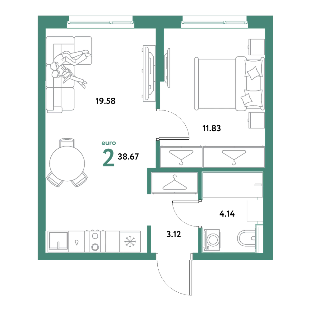 Планировка: Евродвушка 38,67 м²