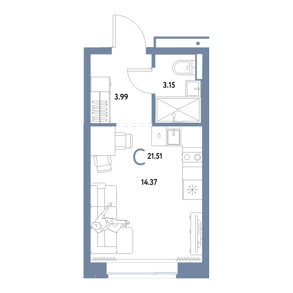 Планировка: Студия 21,51 м²