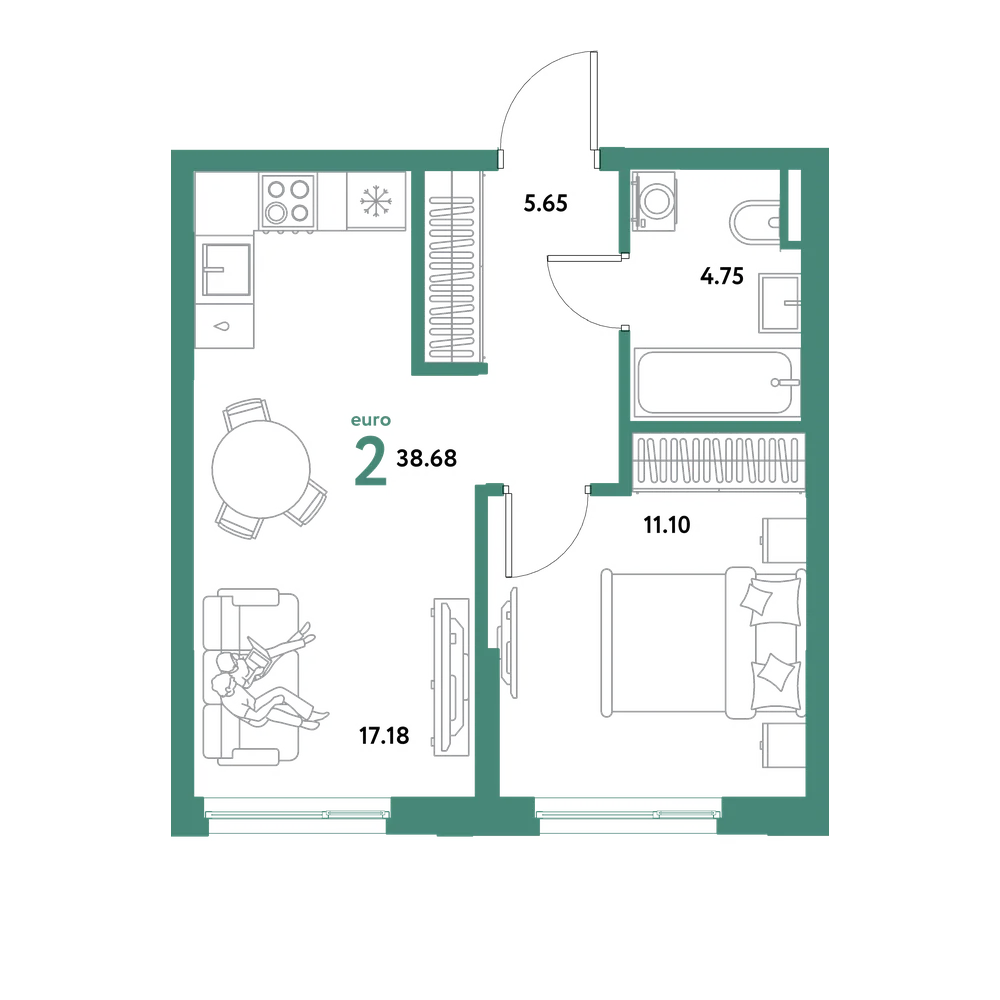 Планировка: Евродвушка 38,68 м²