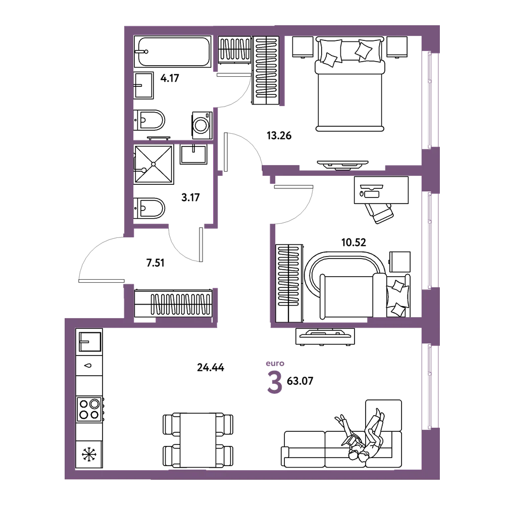 Планировка: Евротрёшка 63,07 м²