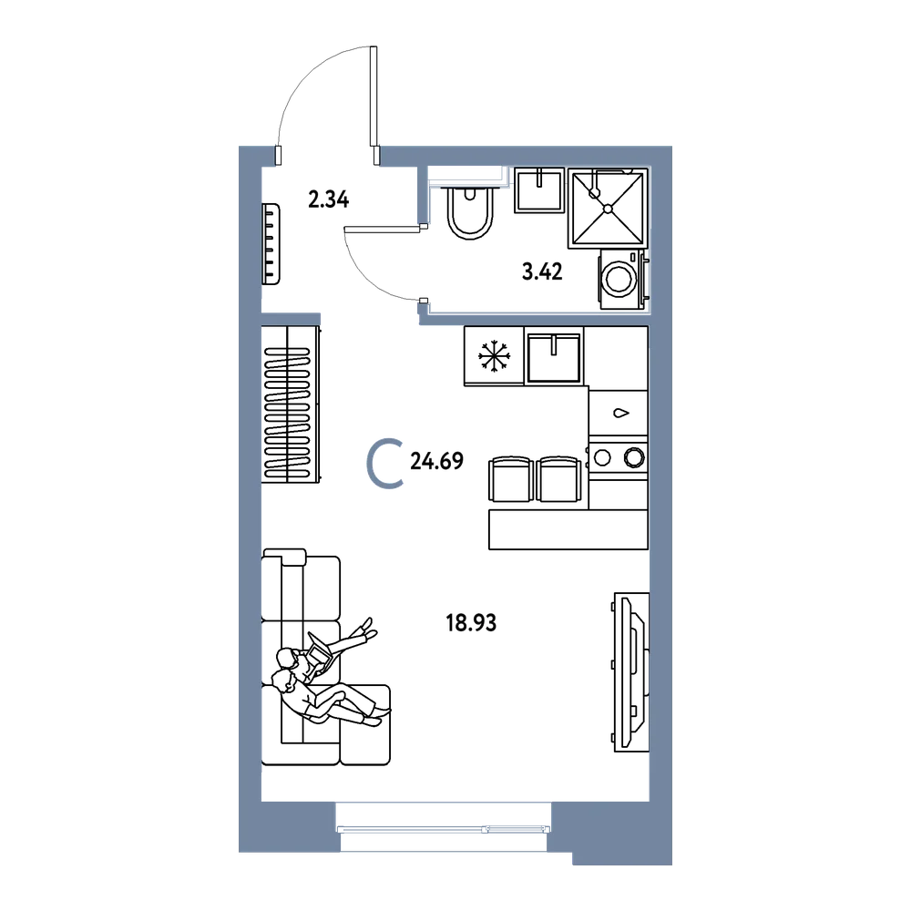 Планировка: Студия 24,69 м²