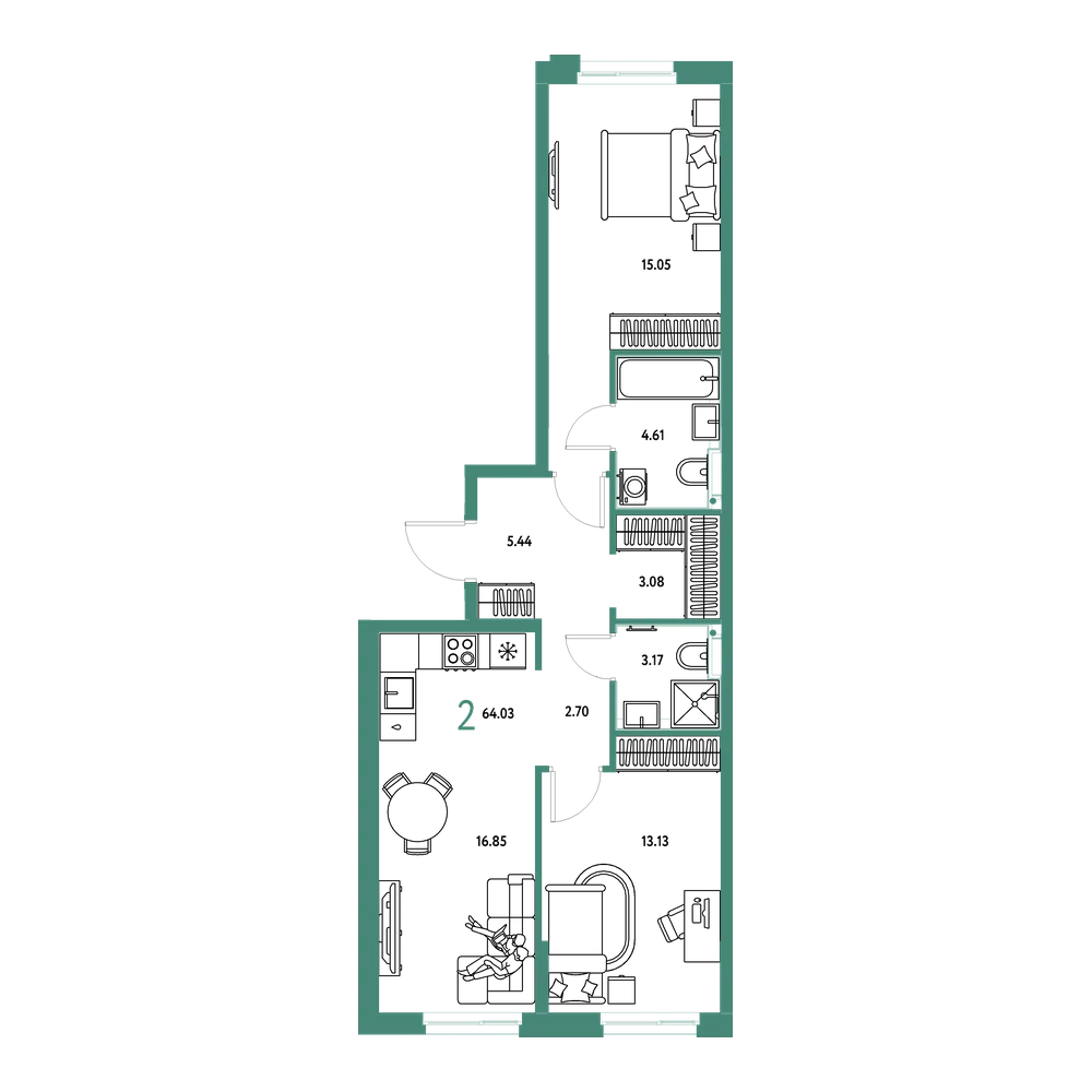 Планировка: 2-комнатная 64,03 м²
