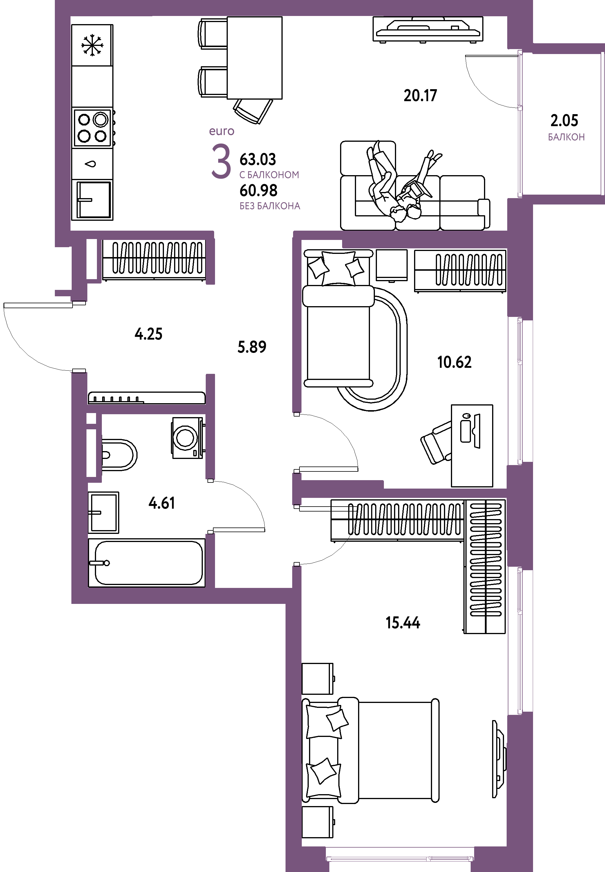 Планировка: Евротрёшка 63,03 м² в ЖК «Страна.Прибрежная»