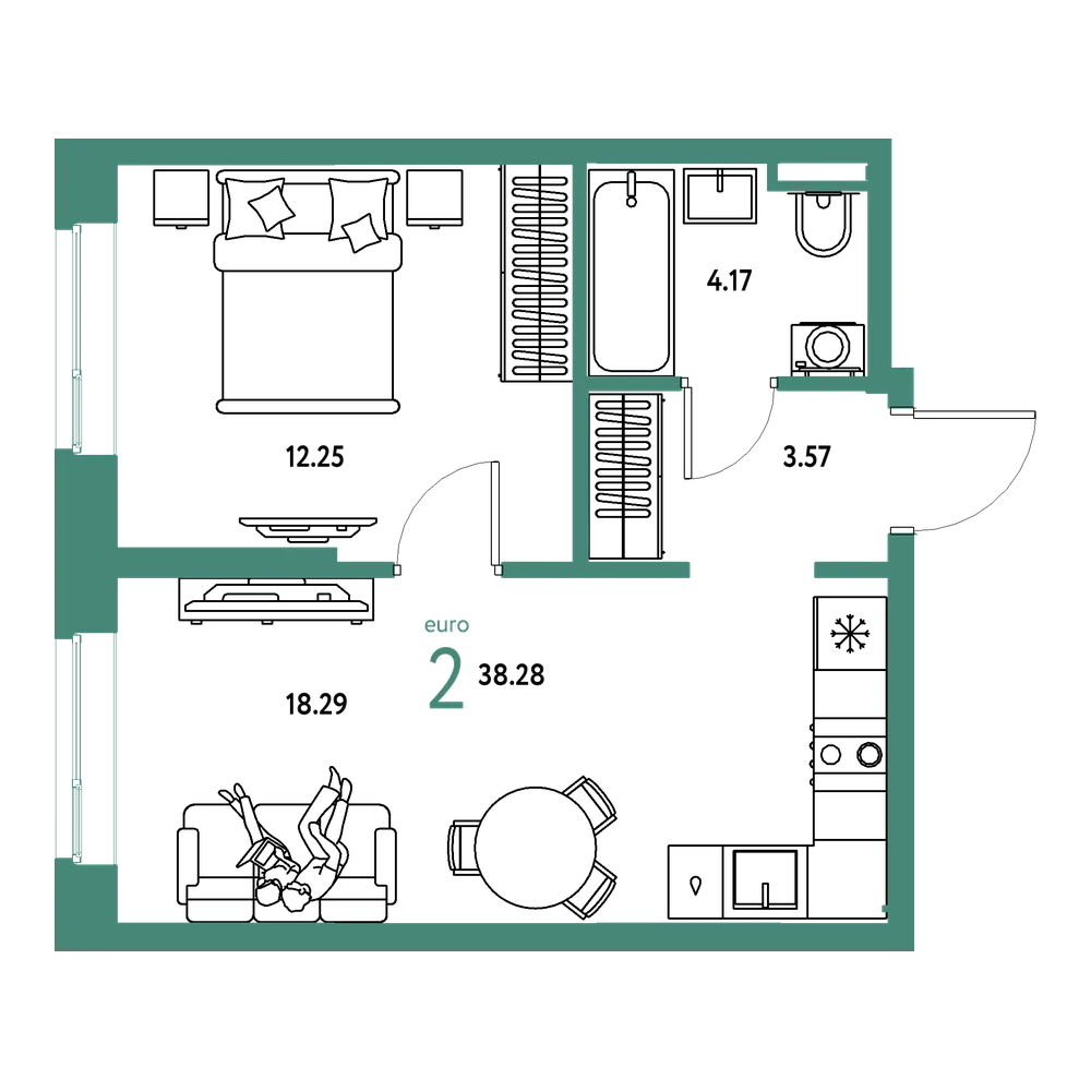 Планировка: Евродвушка 38,28 м²