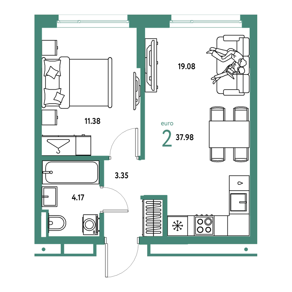 Планировка: Евродвушка 37,98 м²