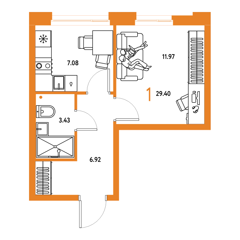 Планировка: 1-комнатная 29,4 м²