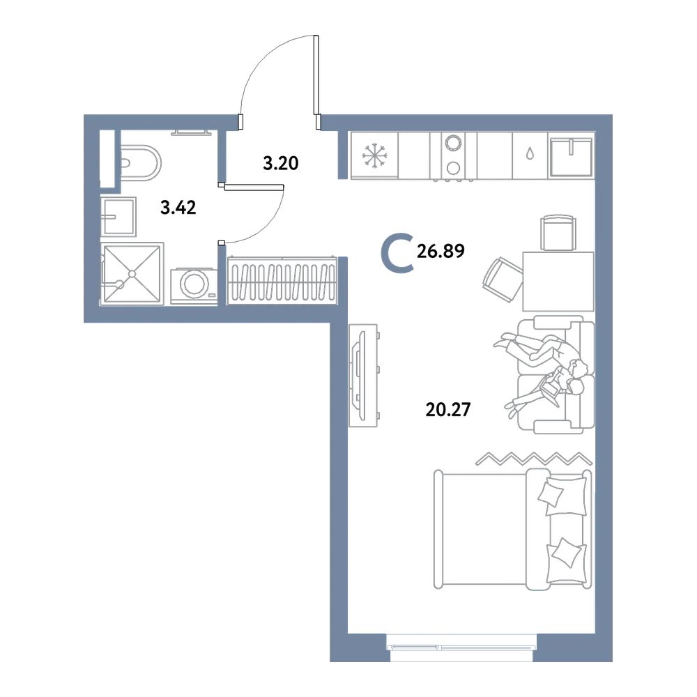 Планировка: Студия 26,89 м²