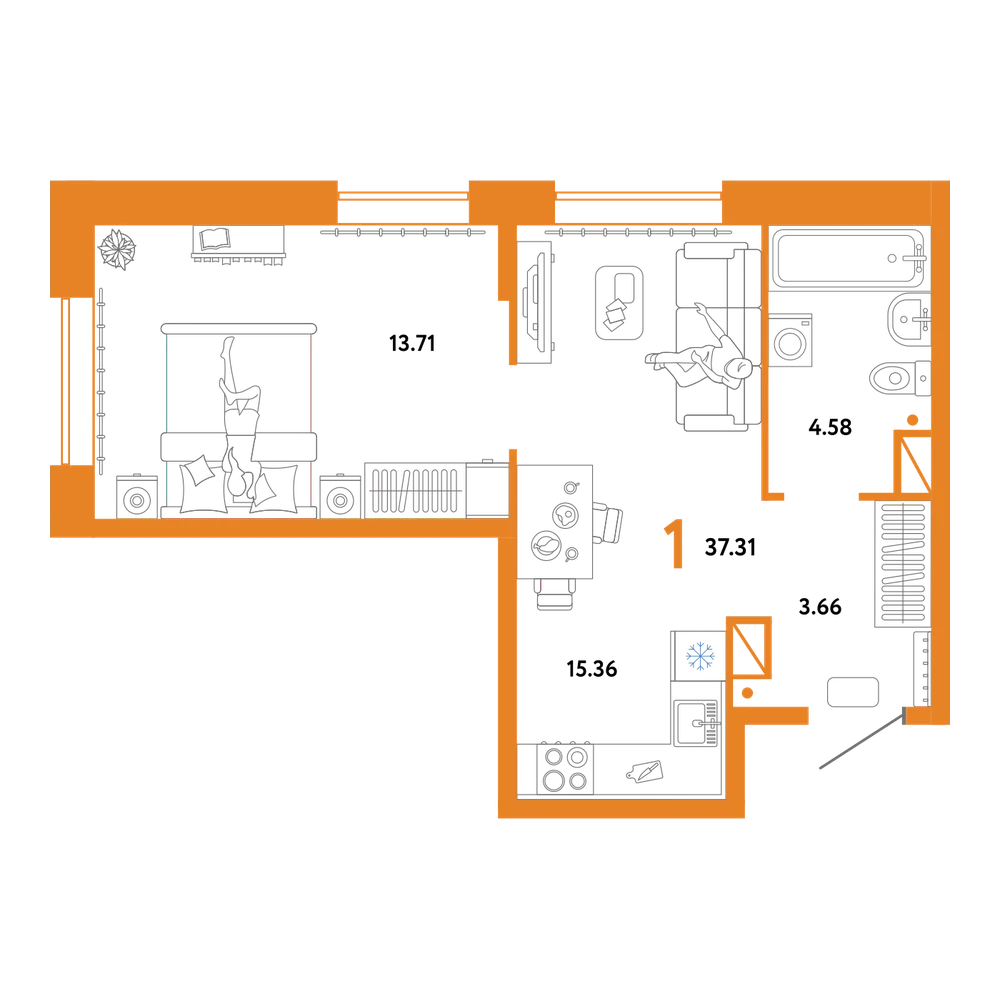 Планировка: 1-комнатная 37,31 м²