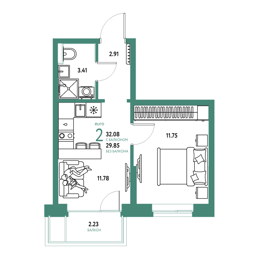 Планировка: Евродвушка 32,08 м²
