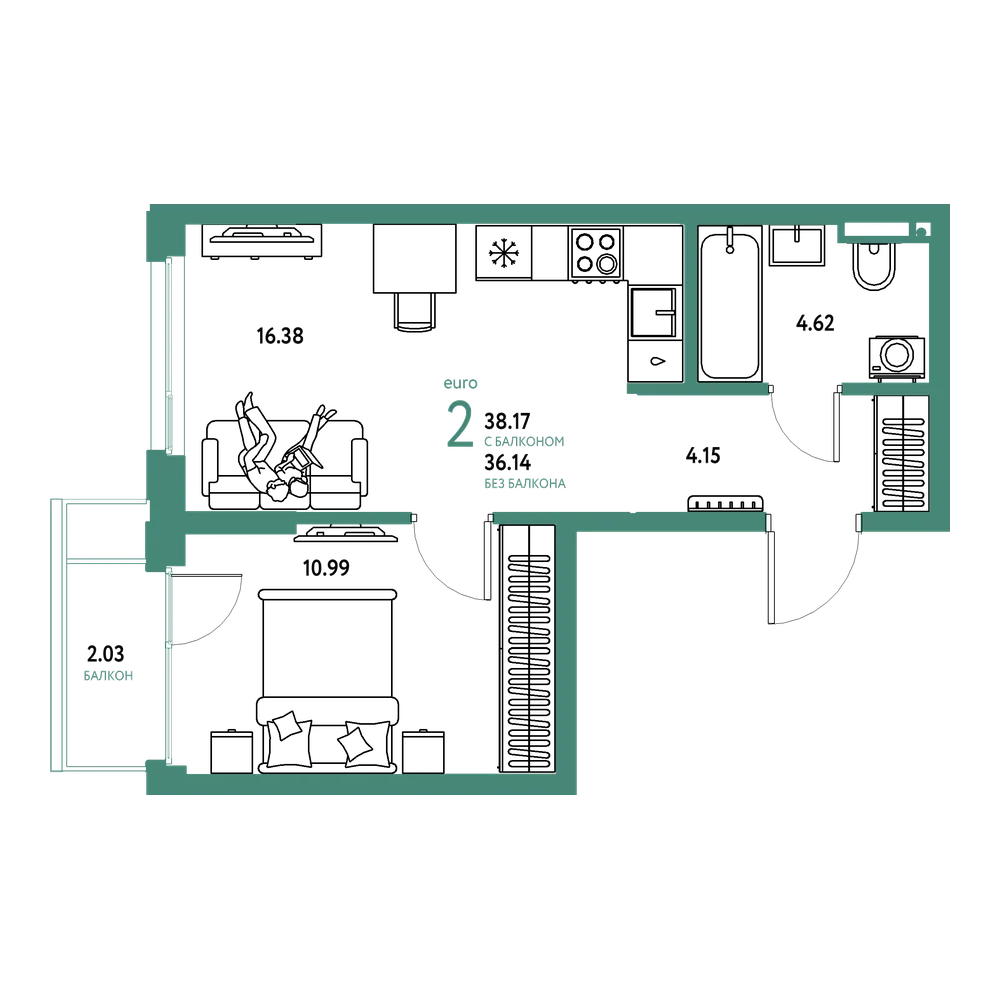 Планировка: Евродвушка 38,17 м²