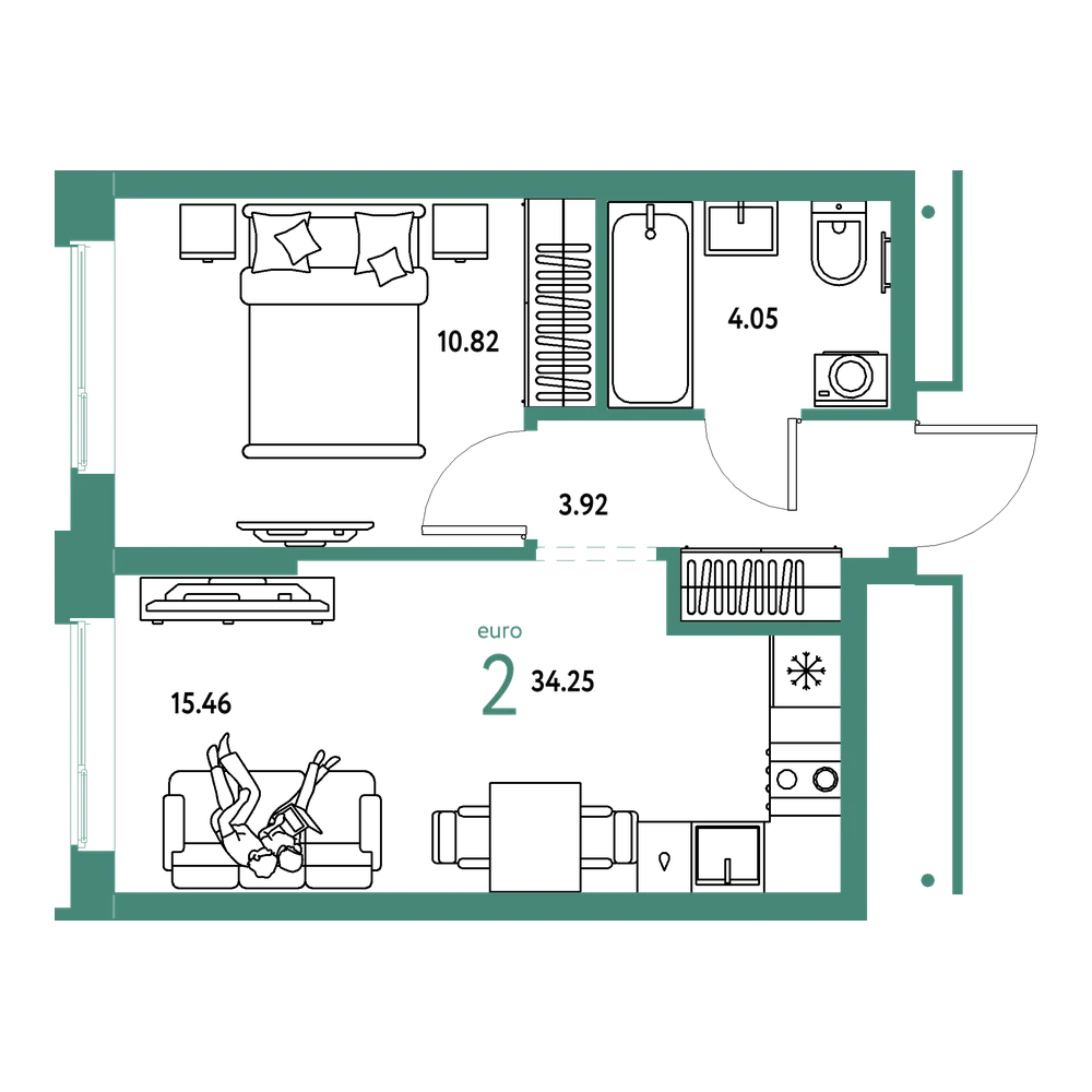 Планировка: Евродвушка 34,25 м²