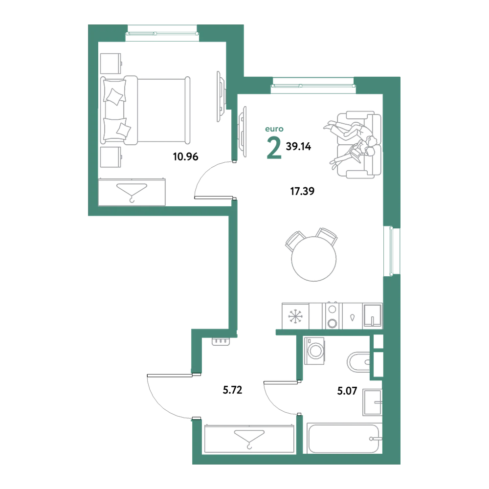 Планировка: Евродвушка 39,14 м²