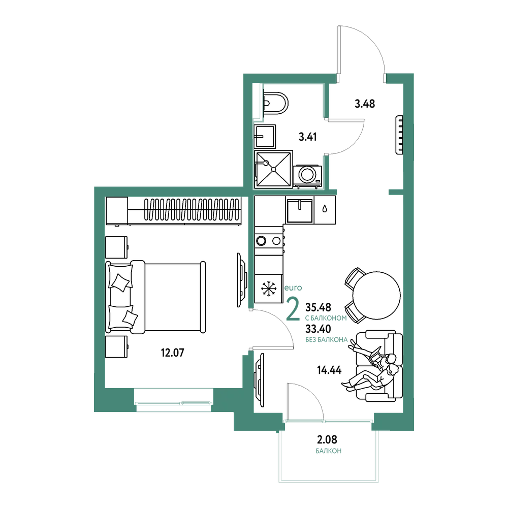 Планировка: Евродвушка 35,48 м²