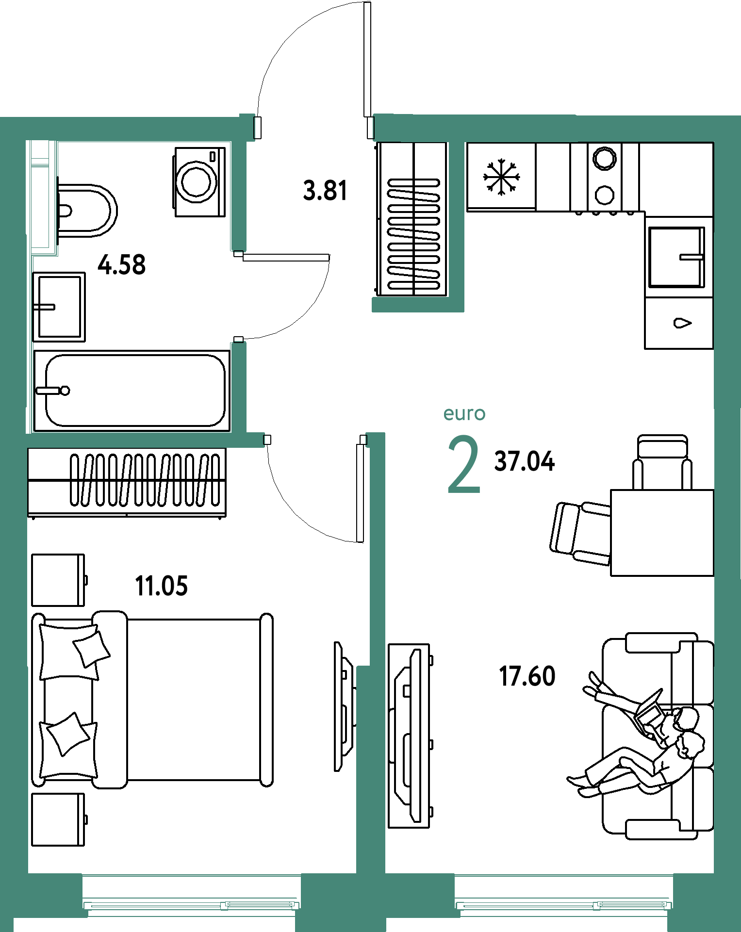 Планировка: Евродвушка 37,04 м² в ЖК «Остров-сад»