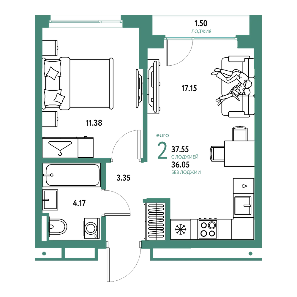 Планировка: Евродвушка 37,55 м²