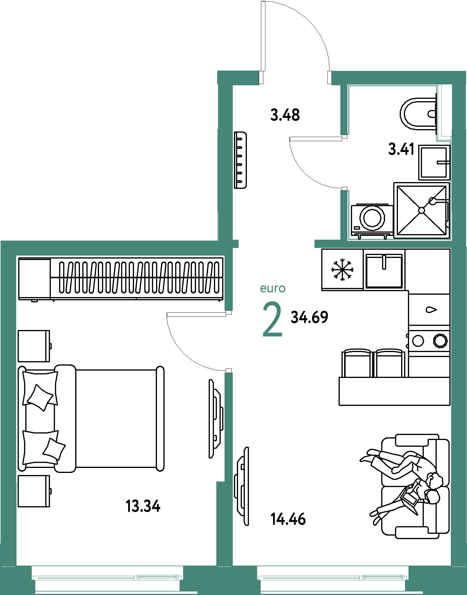 Планировка: Евродвушка 34,69 м² в ЖК «Домашний»