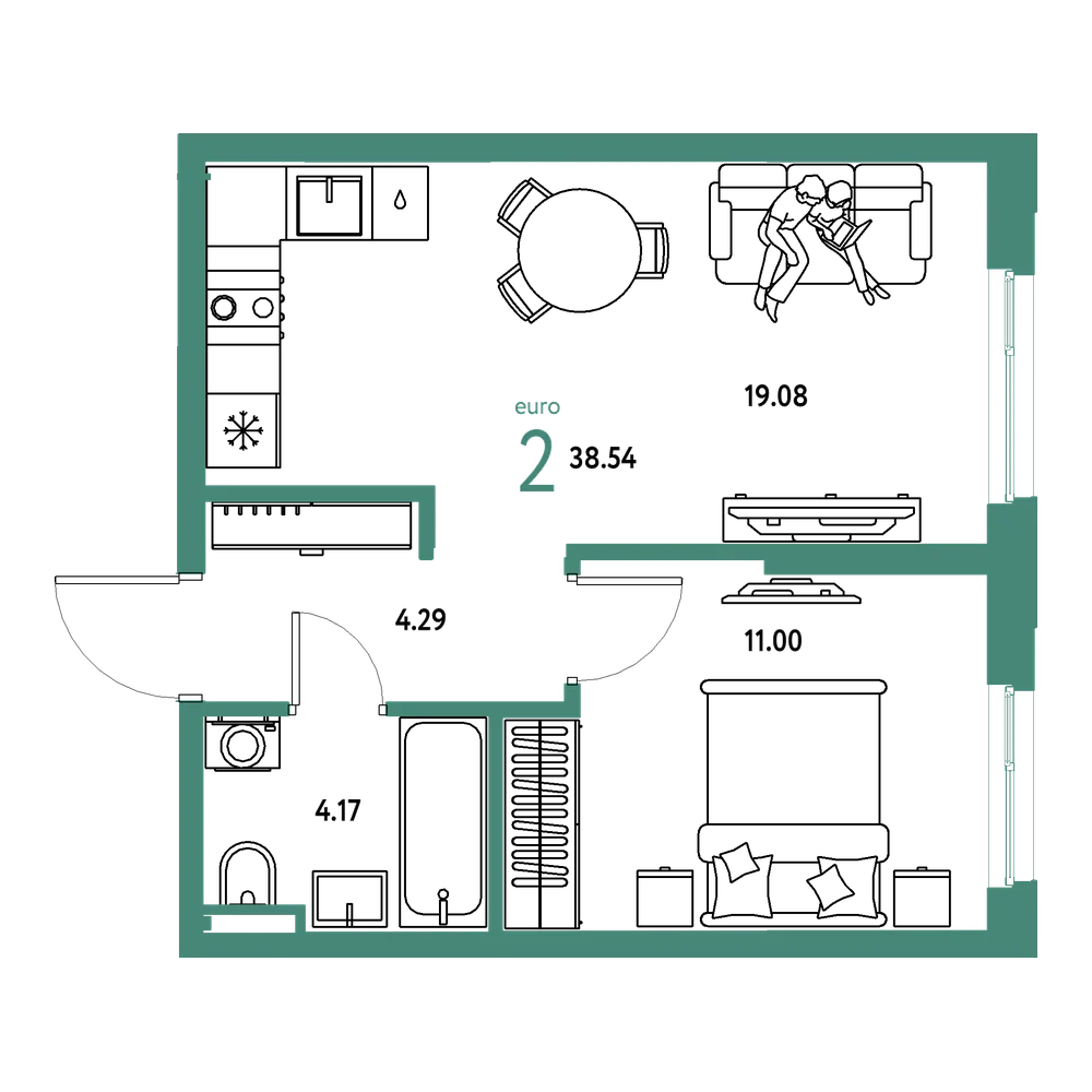 Планировка: Евродвушка 38,54 м²
