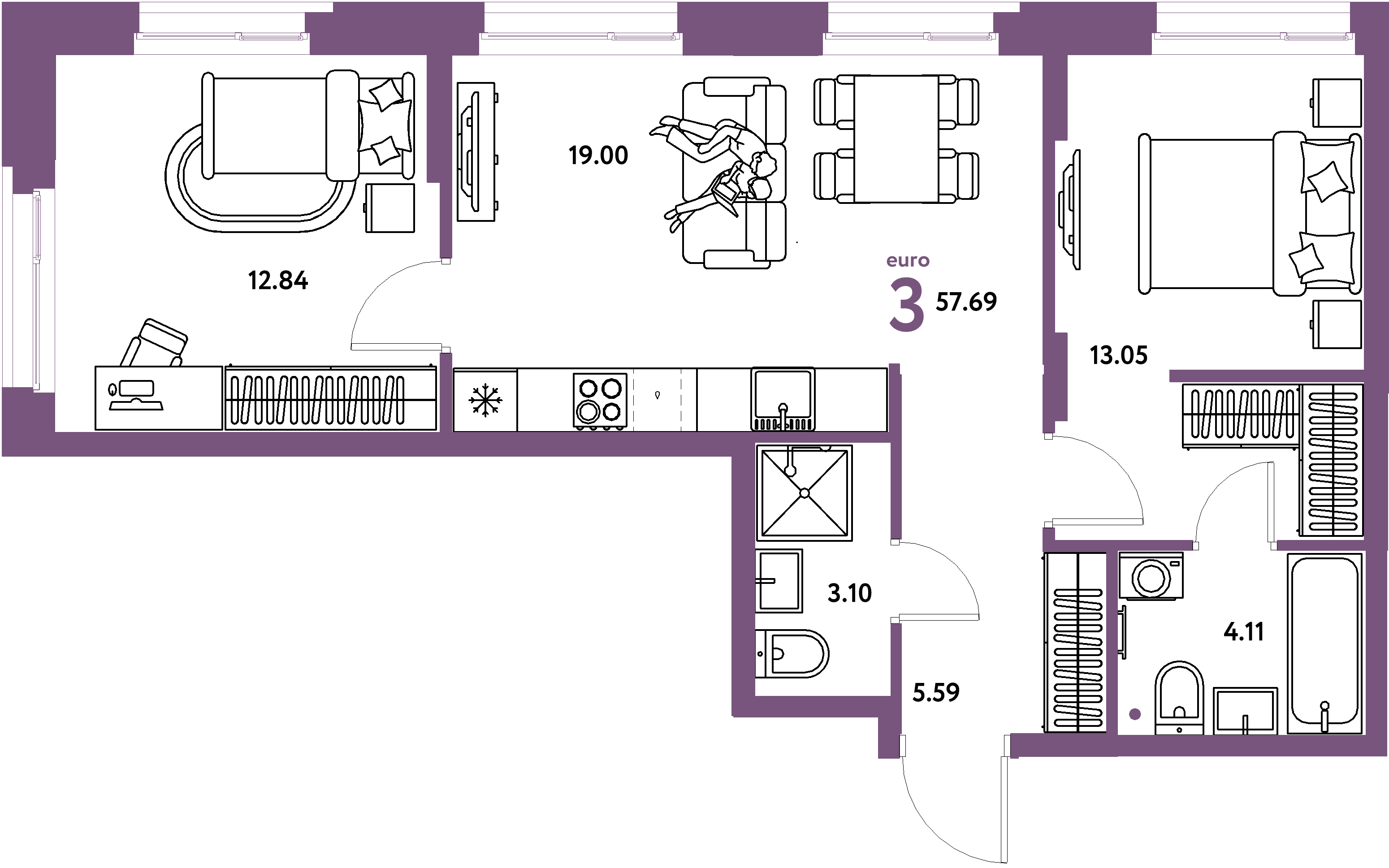 Планировка: Евротрёшка 57,69 м² в ЖК «Европейский берег 2.0»