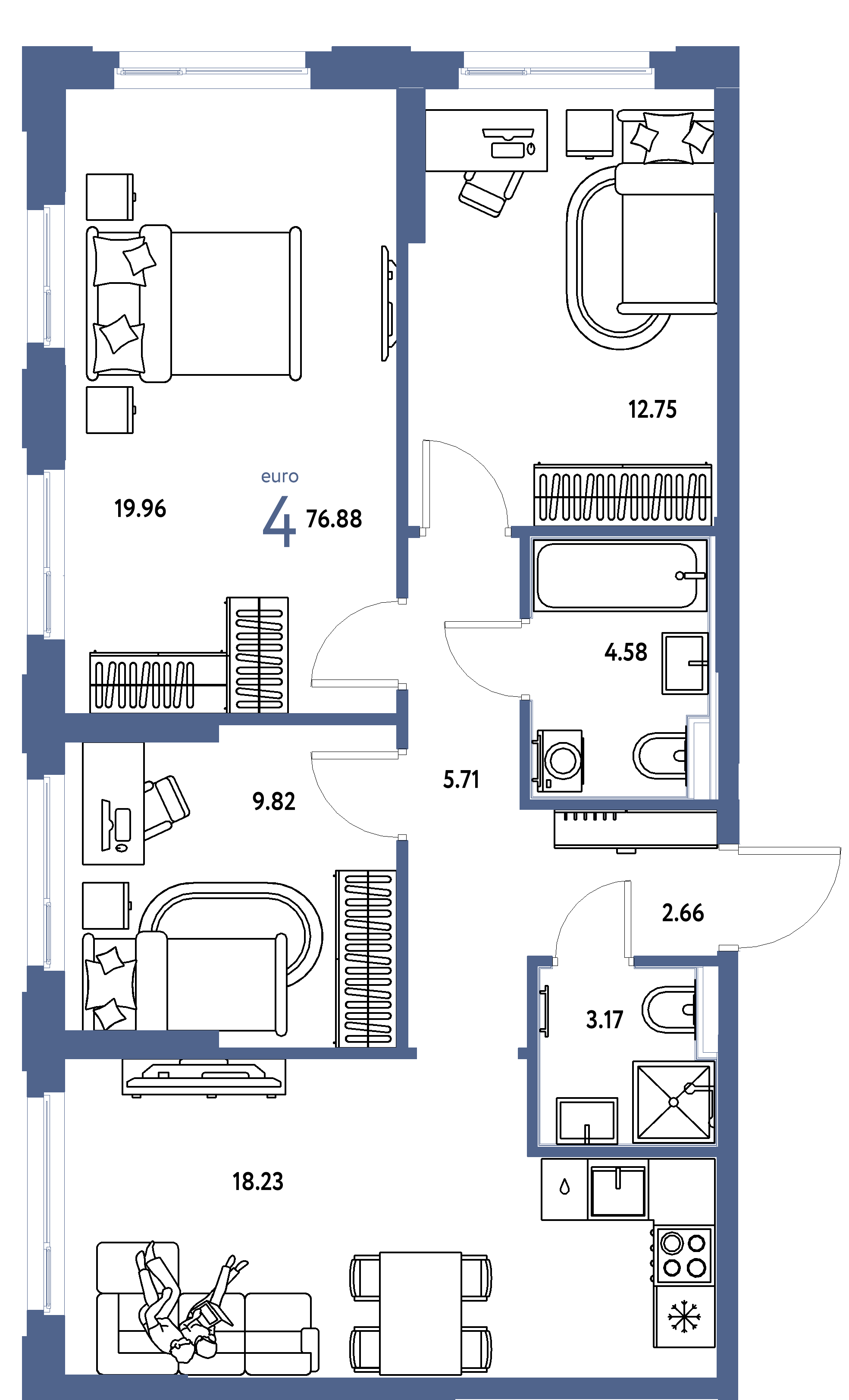 Планировка: Евро-4 76,88 м² в ЖК «Сердце Сибири»