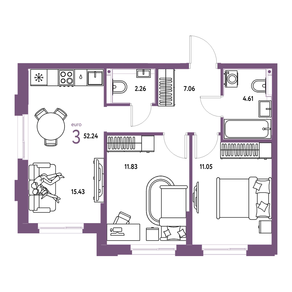 Планировка: Евротрёшка 52,24 м²