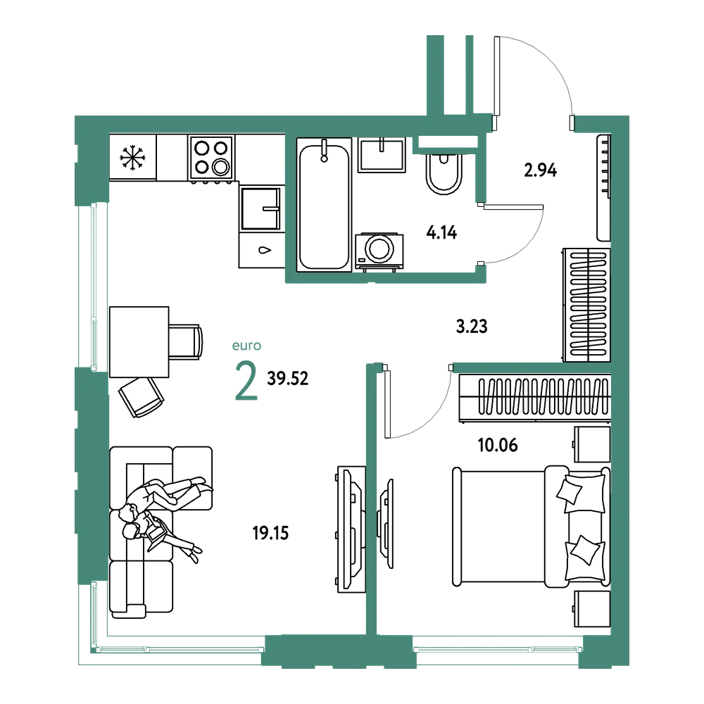 Планировка: Евродвушка 39,52 м²