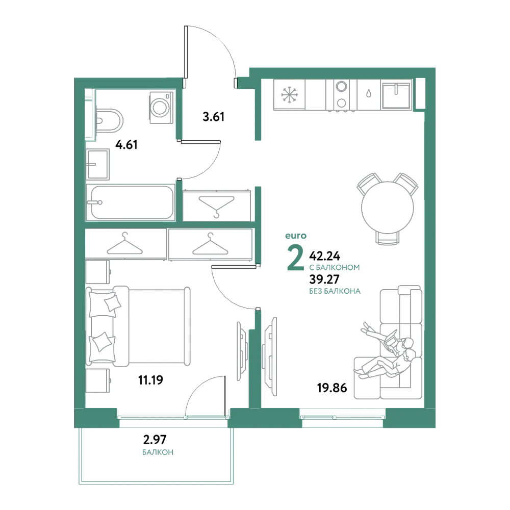 Планировка: Евродвушка 42,24 м²